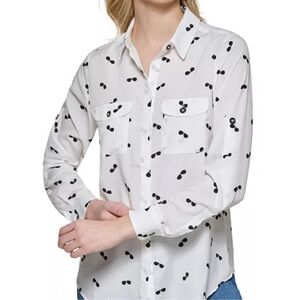Women’s White Button-Up Shirt with Black Sunglasses Print